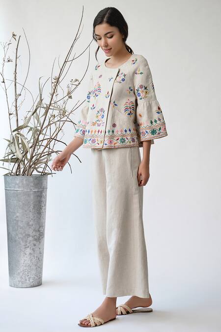 Umbar_Beige Cotton Linen Round Embroidered Jacket_Online_at_Aza_Fashions