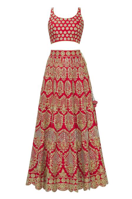 Buy_Vandana Sethi_Red Dupion Raw Silk Round Embroidered Bridal Lehenga Set_Online_at_Aza_Fashions