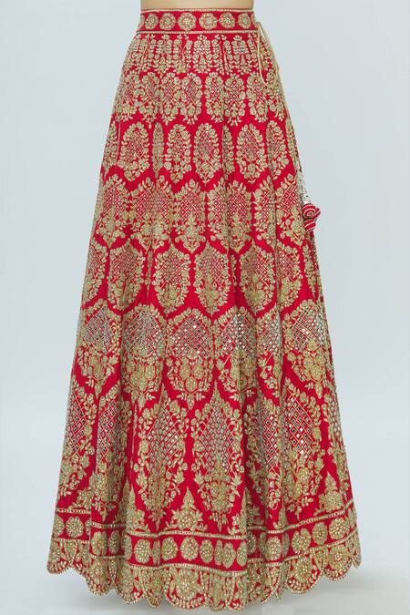 Shop_Vandana Sethi_Red Dupion Raw Silk Round Embroidered Bridal Lehenga Set_Online_at_Aza_Fashions