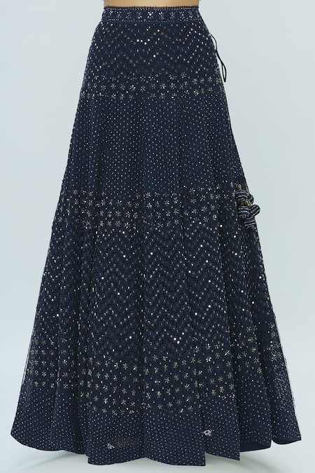 Shop_Vandana Sethi_Blue Chikankari V Neck Embroidered Lehenga Set_Online_at_Aza_Fashions