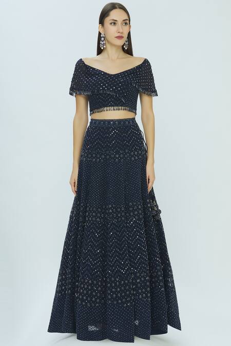 Buy_Vandana Sethi_Blue Chikankari V Neck Embroidered Lehenga Set_Online_at_Aza_Fashions