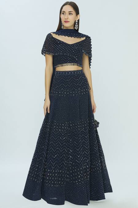 Vandana Sethi Blue Chikankari V Neck Embroidered Lehenga Set