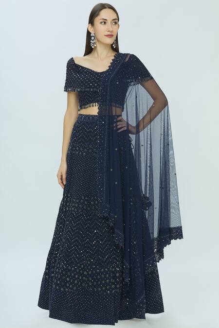 Vandana Sethi_Blue Chikankari V Neck Embroidered Lehenga Set_Online_at_Aza_Fashions