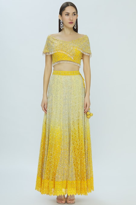 Buy_Vandana Sethi_Yellow Chikankari V Neck Embroidered Lehenga Set_Online_at_Aza_Fashions