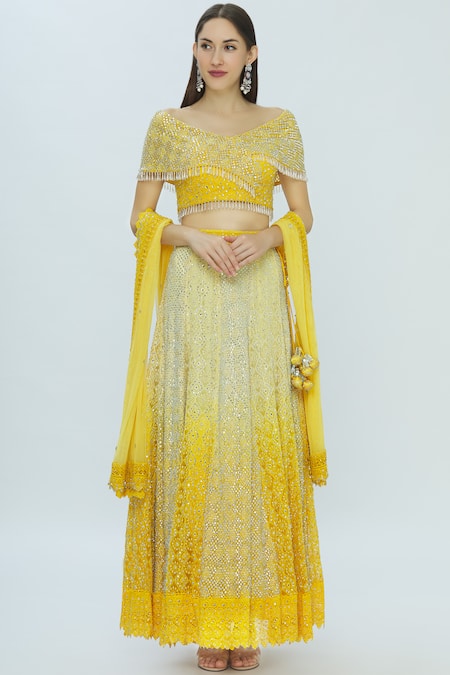 Vandana Sethi Yellow Chikankari V Neck Embroidered Lehenga Set 