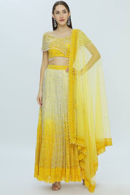 Vandana Sethi_Yellow Chikankari V Neck Embroidered Lehenga Set_Online_at_Aza_Fashions
