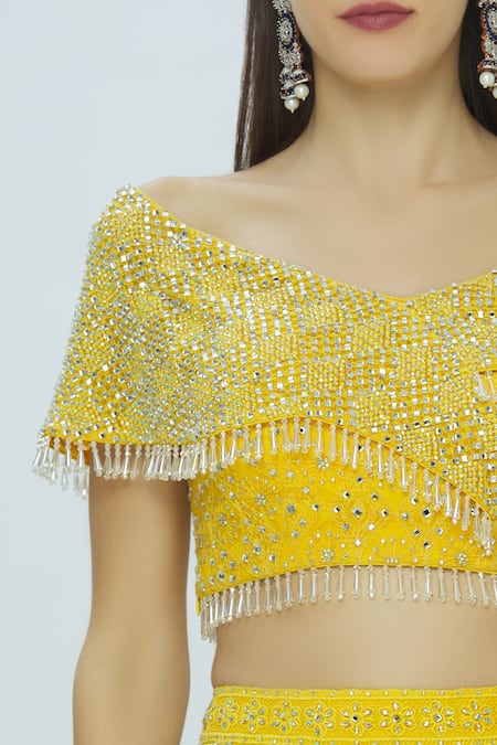 Vandana Sethi_Yellow Chikankari V Neck Embroidered Lehenga Set_at_Aza_Fashions