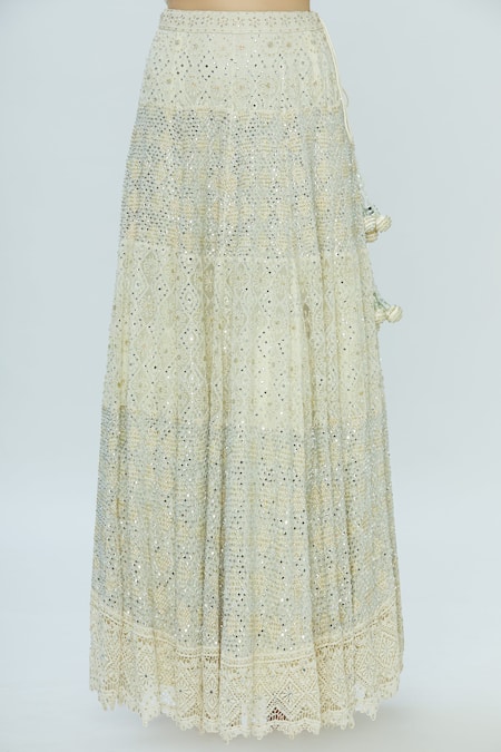 Shop_Vandana Sethi_White Chikankari One Shoulder Embroidered Lehenga Set_Online_at_Aza_Fashions