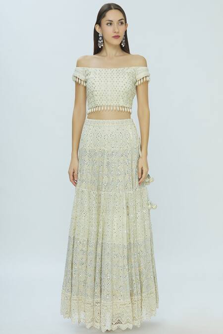 Buy_Vandana Sethi_White Chikankari One Shoulder Embroidered Lehenga Set_Online_at_Aza_Fashions