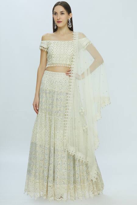 Vandana Sethi_White Chikankari One Shoulder Embroidered Lehenga Set_Online_at_Aza_Fashions