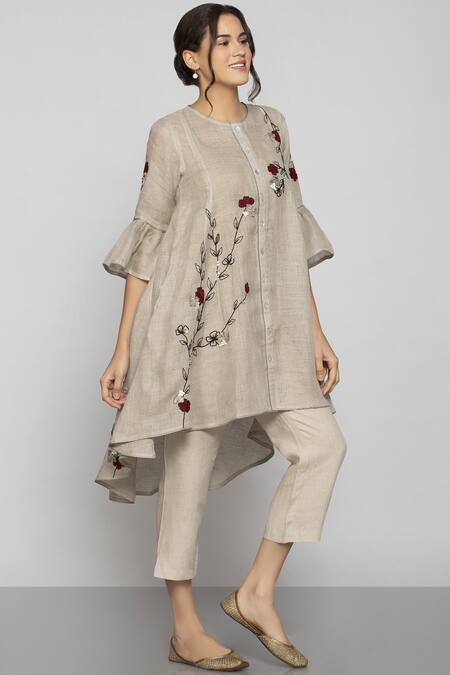 Kaveri_Beige Linen Embroidered Tunic_Online_at_Aza_Fashions