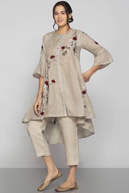 Buy_Kaveri_Beige Linen Embroidered Tunic_Online_at_Aza_Fashions