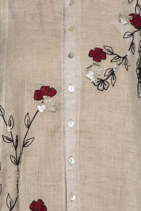 Kaveri_Beige Linen Embroidered Tunic_at_Aza_Fashions
