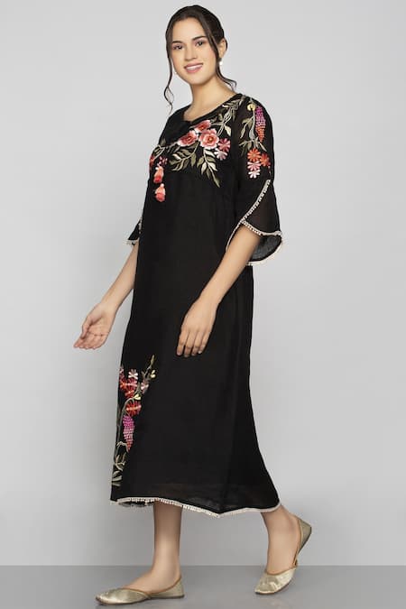 Buy_Kaveri_Black Linen Embroidered Dress_Online_at_Aza_Fashions