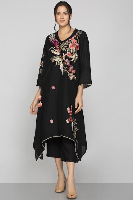 KAVERI Black Linen Embroidery Floral V Tunic  