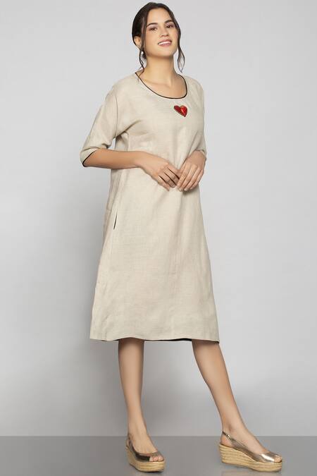 Kaveri_Beige Linen Midi Dress_Online_at_Aza_Fashions
