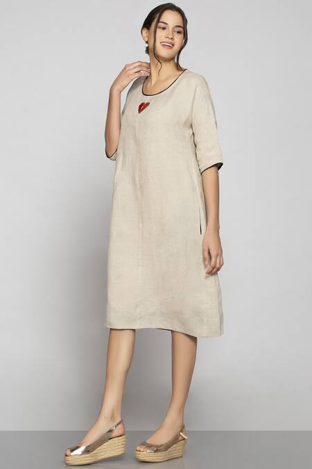 Buy_Kaveri_Beige Linen Midi Dress_Online_at_Aza_Fashions