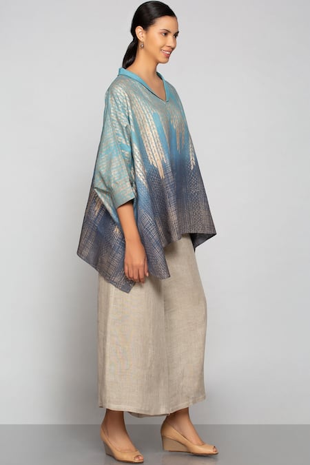 Kaveri_Blue Linen Dyed Kaftan_Online_at_Aza_Fashions