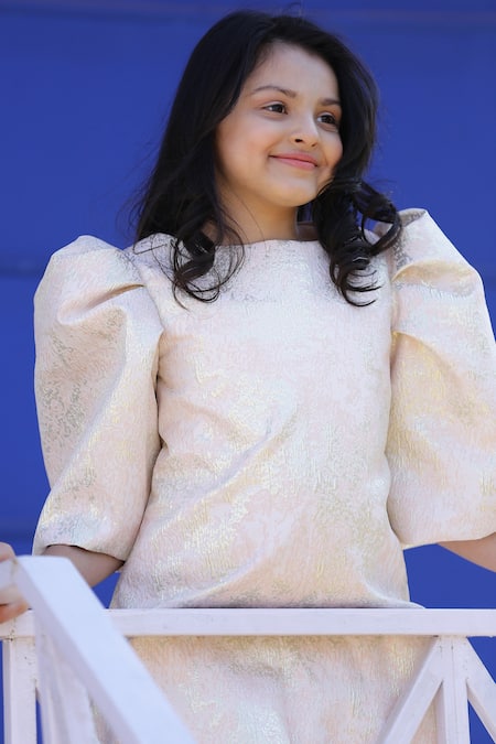 Janyas Closet_Peach Jacquard Textured Dress _Online_at_Aza_Fashions