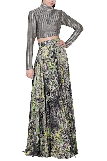 Limerick By Abirr N' Nanki Black Dupion Silk High Embellished Crop Top 