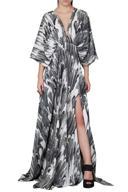 Limerick By Abirr N' Nanki Black Crepe Plunge Neck Printed Gown Online at Aza Fashions Limerick By Abirr N' Nanki_Black Crepe Plunge Neck Printed Gown_Online_at_Aza_Fashions