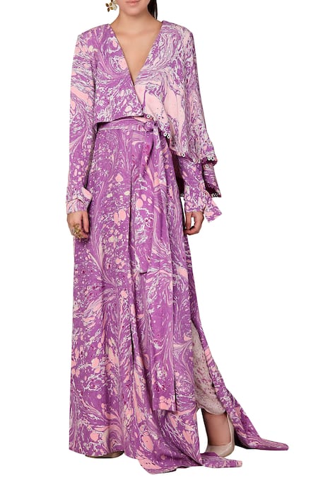 Limerick by Abirr N' Nanki White Crepe Printed Cowl Skirt 