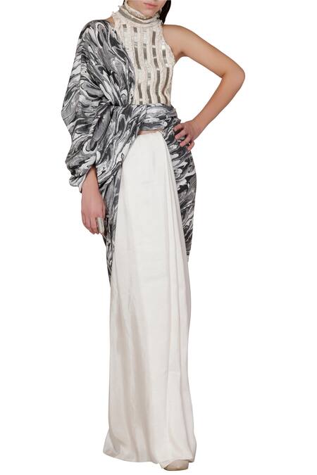 Limerick By Abirr N' Nanki_White Crepe Printed Saree _Online_at_Aza_Fashions