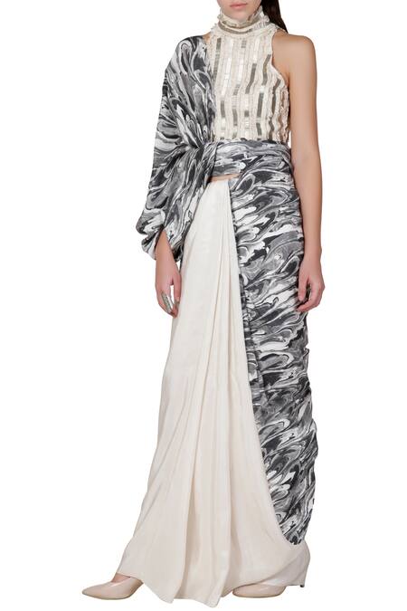 Buy_Limerick By Abirr N' Nanki_White Crepe Printed Saree _Online_at_Aza_Fashions