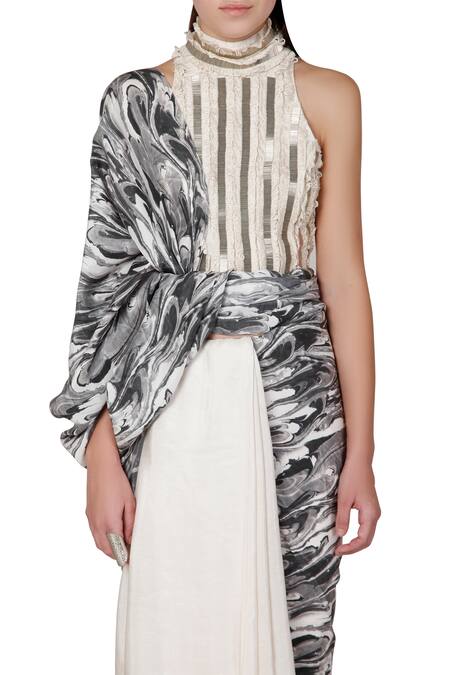 Limerick By Abirr N' Nanki_White Crepe Printed Saree _at_Aza_Fashions