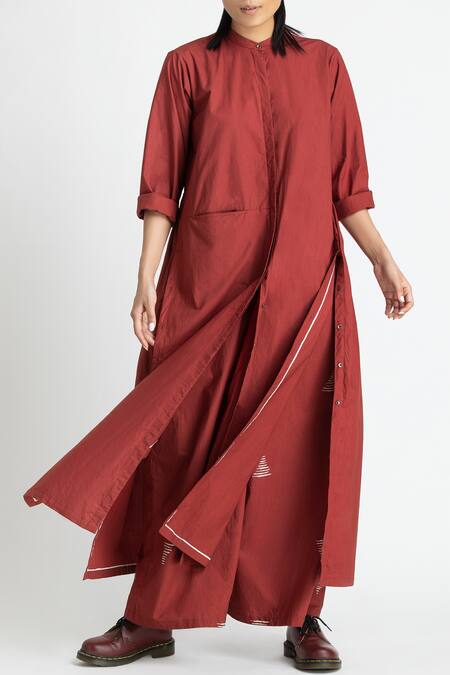 Three Red Cotton Poplin Band Collar Jacket Tunic