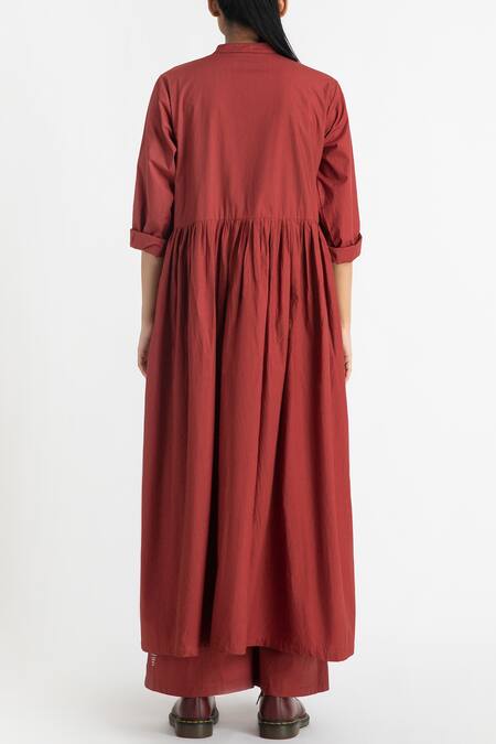 Shop Three Red Cotton Poplin Band Collar Jacket Tunic at Aza Fashions Shop_Three_Red Cotton Poplin Band Collar Jacket Tunic _at_Aza_Fashions