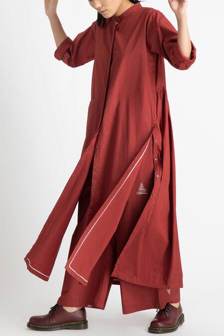 Three Red Cotton Poplin Band Collar Jacket Tunic Online at Aza Fashions Three_Red Cotton Poplin Band Collar Jacket Tunic _Online_at_Aza_Fashions