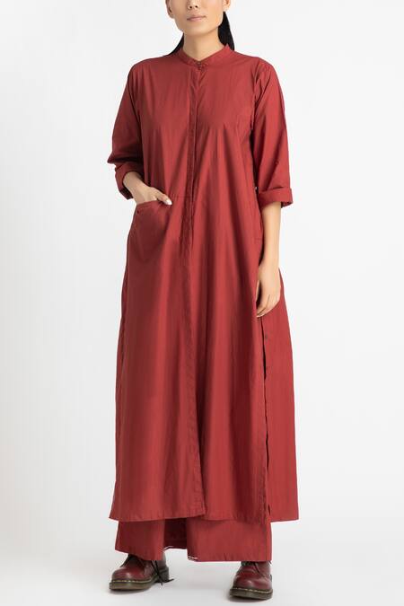 Buy Three Red Cotton Poplin Band Collar Jacket Tunic Online at Aza Fashions Buy_Three_Red Cotton Poplin Band Collar Jacket Tunic _Online_at_Aza_Fashions