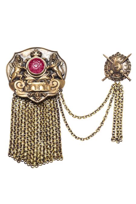 Cosa Nostraa_Gold Stone Antique Double Chain Carved Brooch_Online_at_Aza_Fashions