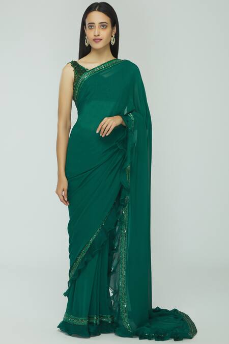 Avvantikaa S Parwani_Green Pre-draped Saree With Blouse_Online_at_Aza_Fashions