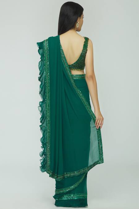 Shop_Avvantikaa S Parwani_Green Pre-draped Saree With Blouse_at_Aza_Fashions