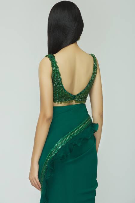Shop_Avvantikaa S Parwani_Green Pre-draped Saree With Blouse_Online_at_Aza_Fashions