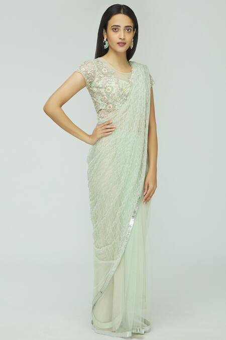 Avvantikaa S Parwani_Green Net Embellished Saree With Blouse_Online_at_Aza_Fashions