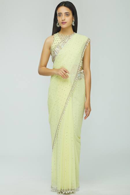 Avvantikaa S Parwani_Yellow Georgette Embellished Saree With Blouse_Online_at_Aza_Fashions
