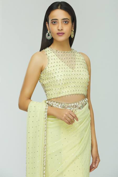 Buy_Avvantikaa S Parwani_Yellow Georgette Embellished Saree With Blouse_Online_at_Aza_Fashions