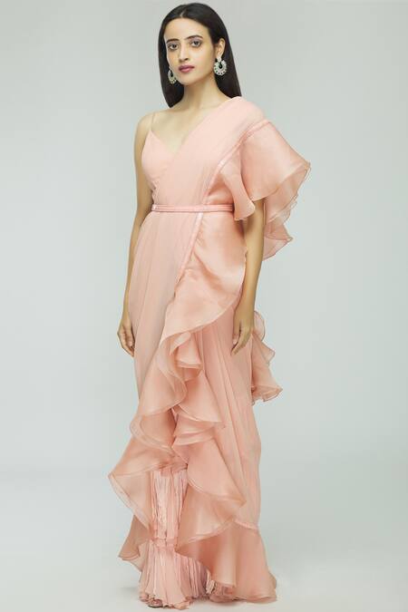 Buy_Avvantikaa S Parwani_Pink Georgette Embellished Jumpsuit Saree_Online_at_Aza_Fashions