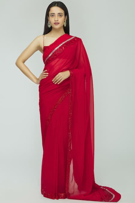 Avvantikaa S Parwani Red Georgette Embellished Saree With Blouse