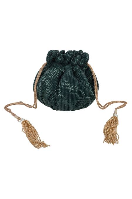 Ozel_Green Sequin Embellished Potli Bag_Online_at_Aza_Fashions