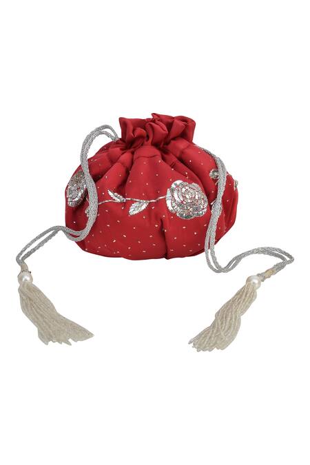 Ozel_Maroon Mukaish Satin Potli Bag_Online_at_Aza_Fashions
