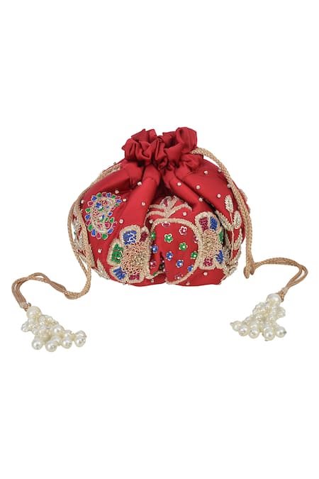 Ozel_Maroon Bead Satin Embroidered Potli Bag_Online_at_Aza_Fashions