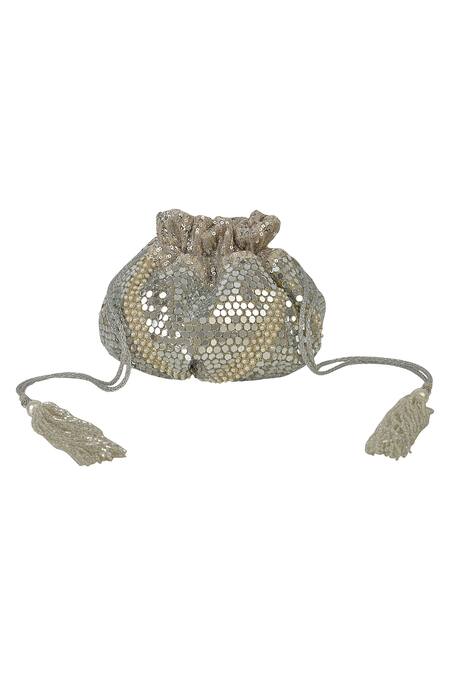 Ozel_Silver Mirror Embellished Potli Bag_Online_at_Aza_Fashions