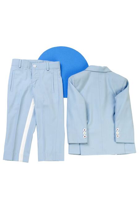 Shop Partykles Blue Gabardine Single Breasted Blazer Pant Set at Aza Fashions Shop_Partykles_Blue Gabardine Single Breasted Blazer Pant Set_at_Aza_Fashions