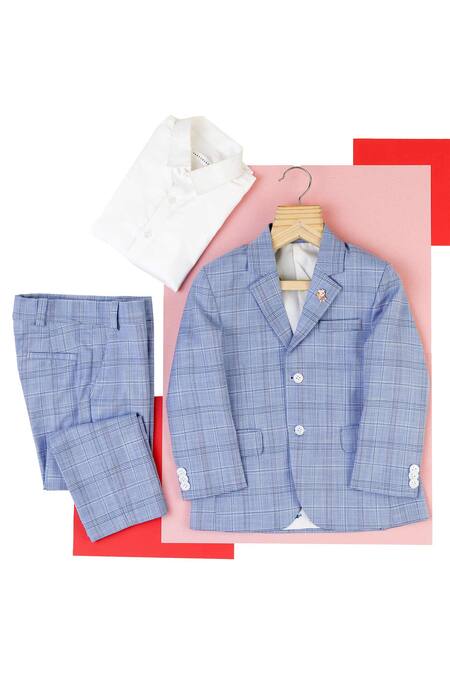 Partykles Blue Terry Rayon Checkered Blazer Set 