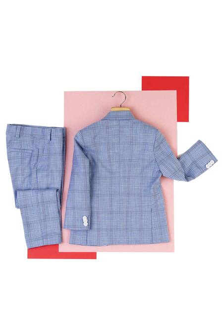 Shop Partykles Blue Terry Rayon Checkered Blazer Set at Aza Fashions Shop_Partykles_Blue Terry Rayon Checkered Blazer Set _at_Aza_Fashions