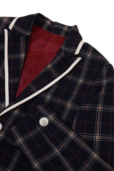 Partykles_Blue Terry Rayon Checkered Blazer Pant Set _Online_at_Aza_Fashions